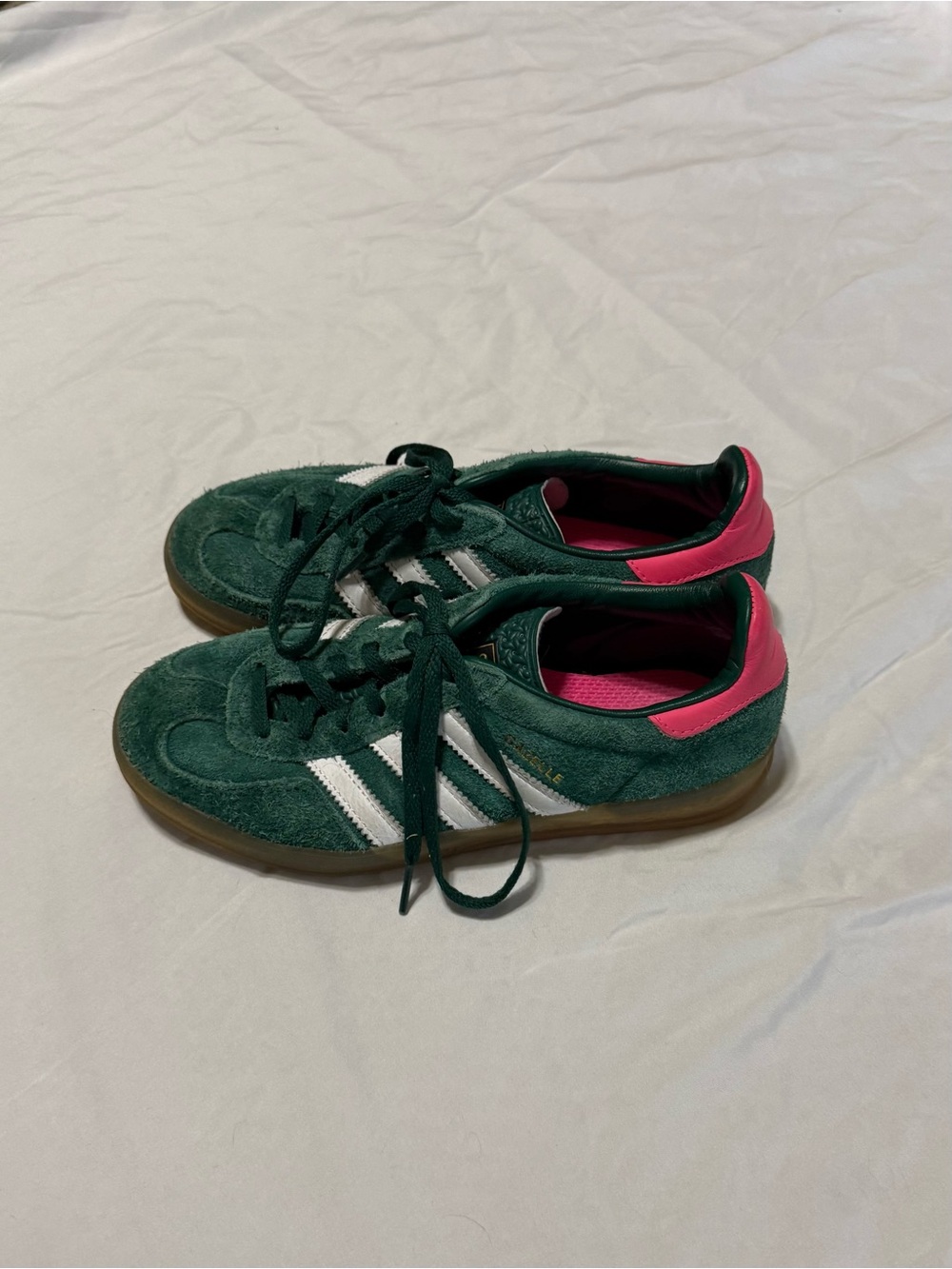 Adidas Women’s Gazelle Indoor Sneakers in Collegiate Green and Lucid Pink